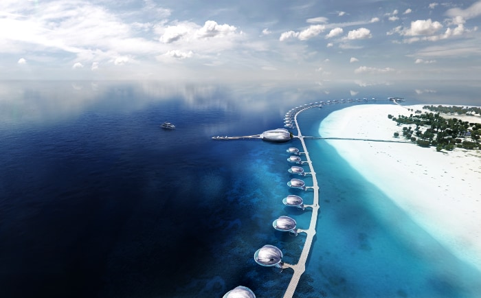 Wie eine Perlenschnur reihen sich die Over-Water-Pavillons aneinander. &copy; Red Sea Global