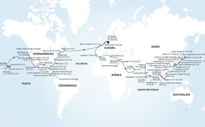 Routing der Reise rund um den Globus. &copy; Aida Cruises