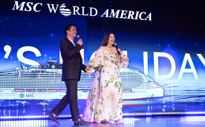Drew Barrymore und Orlando Bloom bei der Taufe der MSC World America. &copy; Anthony Devlin, Getty Images for MSC Cruises