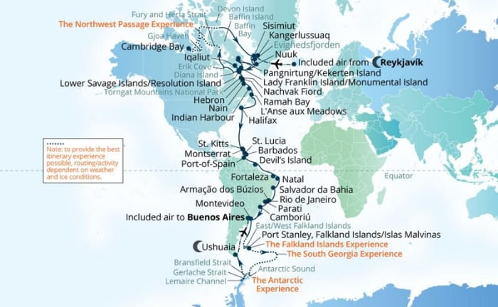 Die Route führt von Grönland, die Ostküste Nordamerikas, die Karibik und Südamerika in Richtung Antarktis. &copy; Seabourn