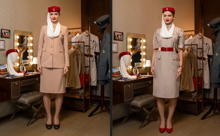 Emirates-Uniformen im Laufe der Zeit: 1987 (rechts) und 1997 (links). © Emirates Emirates-Uniformen im Laufe der Zeit: 1987 (rechts) und 1997 (links). © Emirates