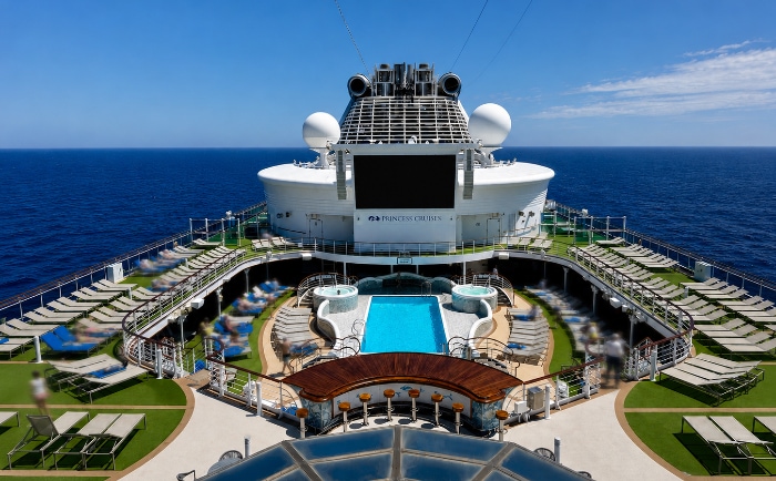 Das großzügige Lido Deck mit Pool und Videowall. &copy; ReiseInsider