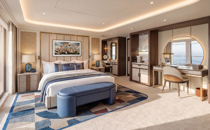 Visualisierung des Schlafzimmer der Pinnacle Suite auf der Zuiderdam. © Holland America Line Visualisierung des Schlafzimmer der Pinnacle Suite auf der Zuiderdam. © Holland America Line